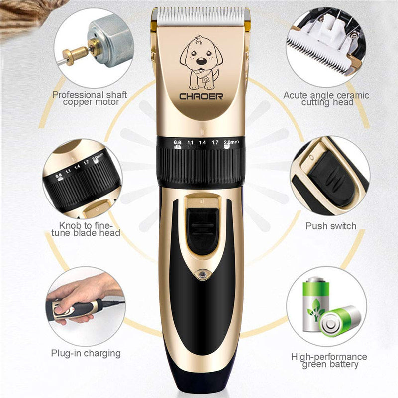 Pet Dog Grooming Clippers - Rechargeable Low Noise Cordless Pet Clippers, Professional Dog Hair Trimmer Grooming Kit with 4 Guide Combs and Cleaning Brush Nail Kits for Dogs Cats Any Animals Gold-1 - PawsPlanet Australia