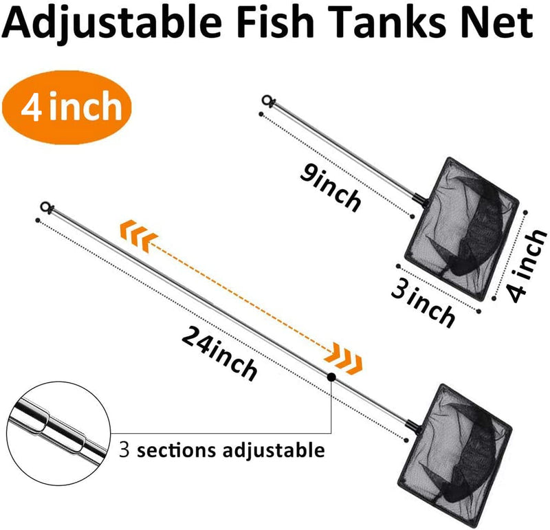 Fish Net for Fish Tank, Fine Mesh Aqurium Net with 9-24 Inch Stainless Steel Long Handle, Extendable Fishing Tank Net for Fish Shrimp Tank, Pond, Creek (4 inch) 4 inch