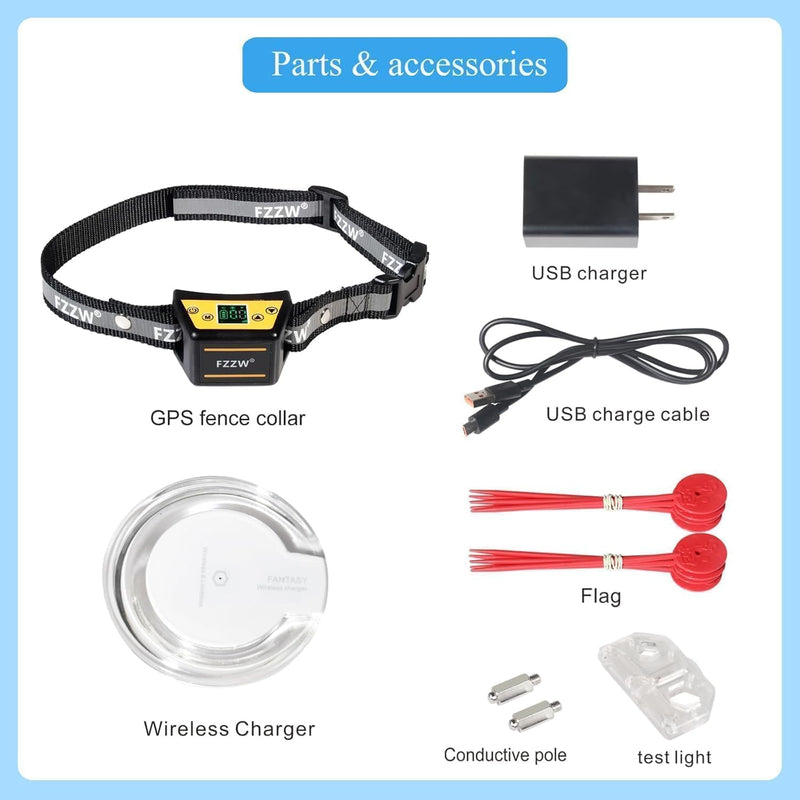 Plkm Dog Wireless GPS Fence Pet Electric Fence Containment System, Adjustable Control Range Warning Strength, Wireless Charging GPS Wireless Dog Fence, Fully Sealed Waterproof Collar Receiver Black