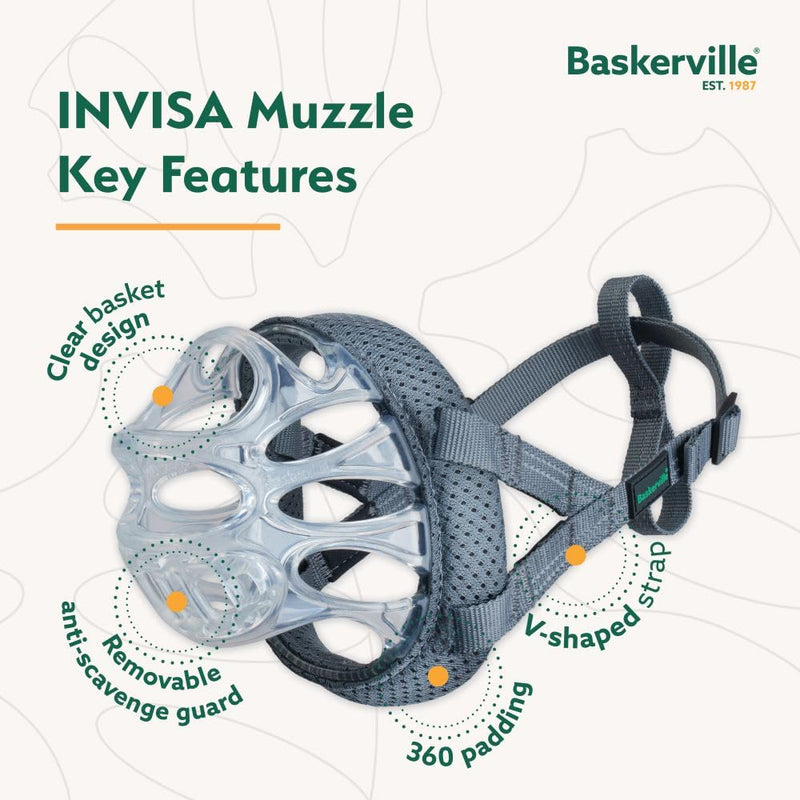 Baskerville INVISA Basket Dog Muzzle - Patented Humane Design with Facial Visibility,Padded Nose Band,Dog can Pant and Drink, Prevents Biting and Scavenging.Muzzle for Medium-sized Dogs (Size 3),Clear - PawsPlanet Australia