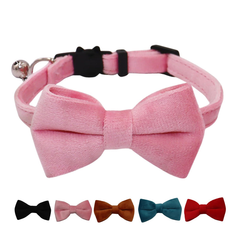 Cat Collar Breakaway with Bell and Removable Bow Tie Safety Buckle Velvet Adjustable 7-11 inches for Kitten Cats (Pink) Pink