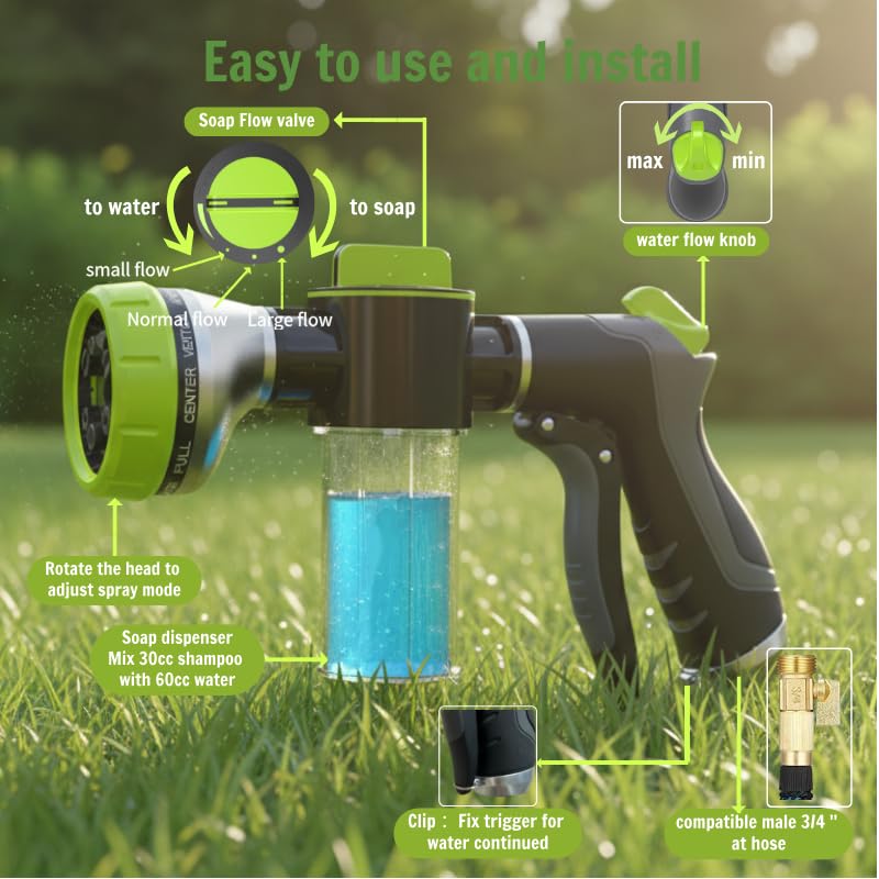 Dog Washing Hose Attachment, 10 Spray Modes and Adjustable Water Pressure Garden Hose Nozzle with Soap Dispenser for Dog Cat Bathing, Also Adopted in Watering Flowers, Car Wash - PawsPlanet Australia