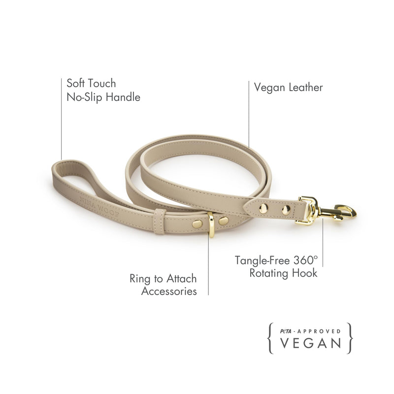 NINA WOOF Leather Dog Leash - Cupertino - Beige Slim Leash with Reinforced Hardware, European Design Soft Dog Collars, Harnesses & Leashes, 4ft - PawsPlanet Australia