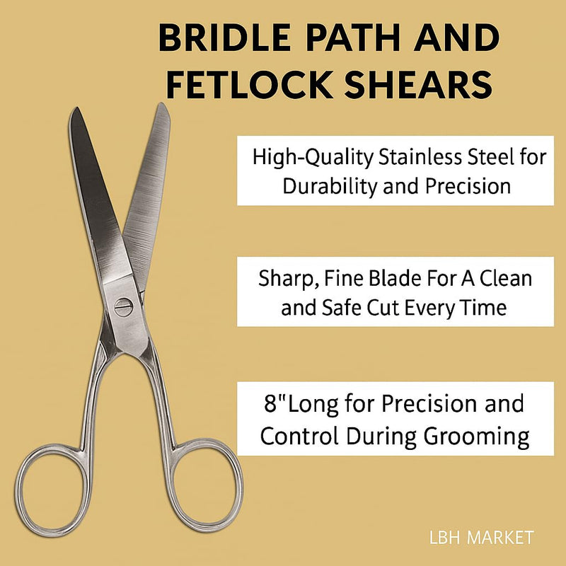 LBH MARKET Fetlock & Bridle Path Shears for Horses - 8" Stainless Steel Grooming Scissors - Trim Fetlocks, Bridle Path, Mane & Tail - Rounded Tips, Ergonomic Handle - PawsPlanet Australia