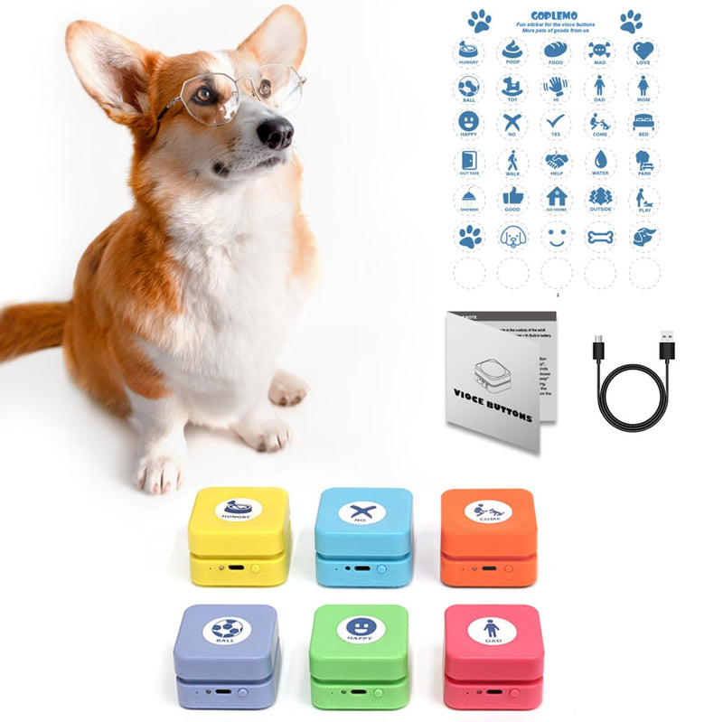 Rechargeable Dog Buttons for Communication Starter Pack,Training Dogs Talk Buttons Set Voice Recordable Gifts Funny for Study Office Home 6 Counts 6 Counts + Rechargeable + Stickers - PawsPlanet Australia