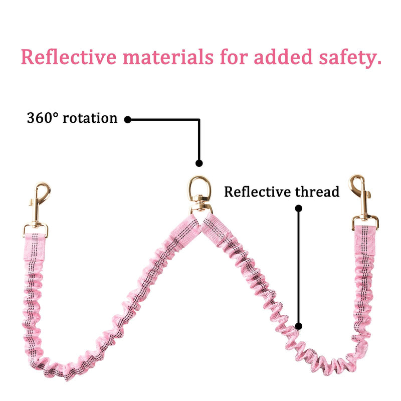 Double Dog Leash – Tangle-Free Dual Leash with 360° Swivel, Shock Absorbing Bungee, Reflective Stitching & Hand-Braided Main Rope (Supports Up to 440 lbs, Pink) - PawsPlanet Australia