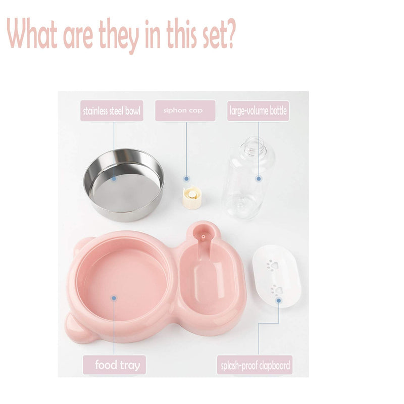 Rabbit Double Bowls Bunny Automatic Water Dispenser Detachable Stainless Steel Bowl No-Spill Water Bottle Food Feeder for Small Animals Bunny Squirrel Cat Puppy Chinchilla Pink - PawsPlanet Australia