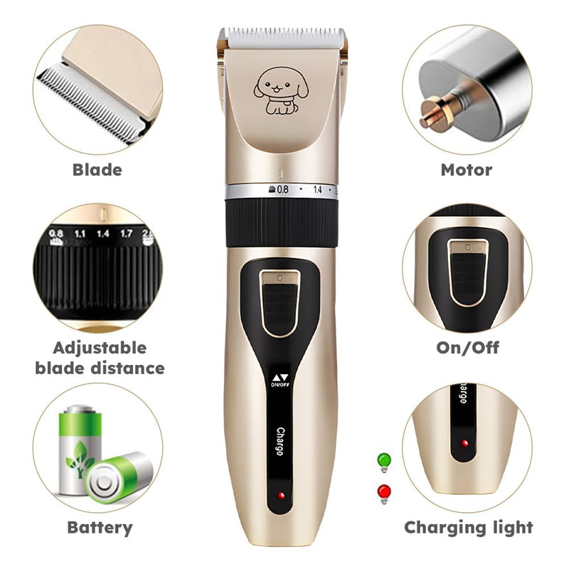 Dog Grooming Clippers, Cordless Electric Pet Shaver Hair Trimmer with 4 Guard Combs and Cleaning Brush Nail Kits, Rechargeable Low Noise Pet Clippers for Dogs Cats Pets Grooming Tool Gold