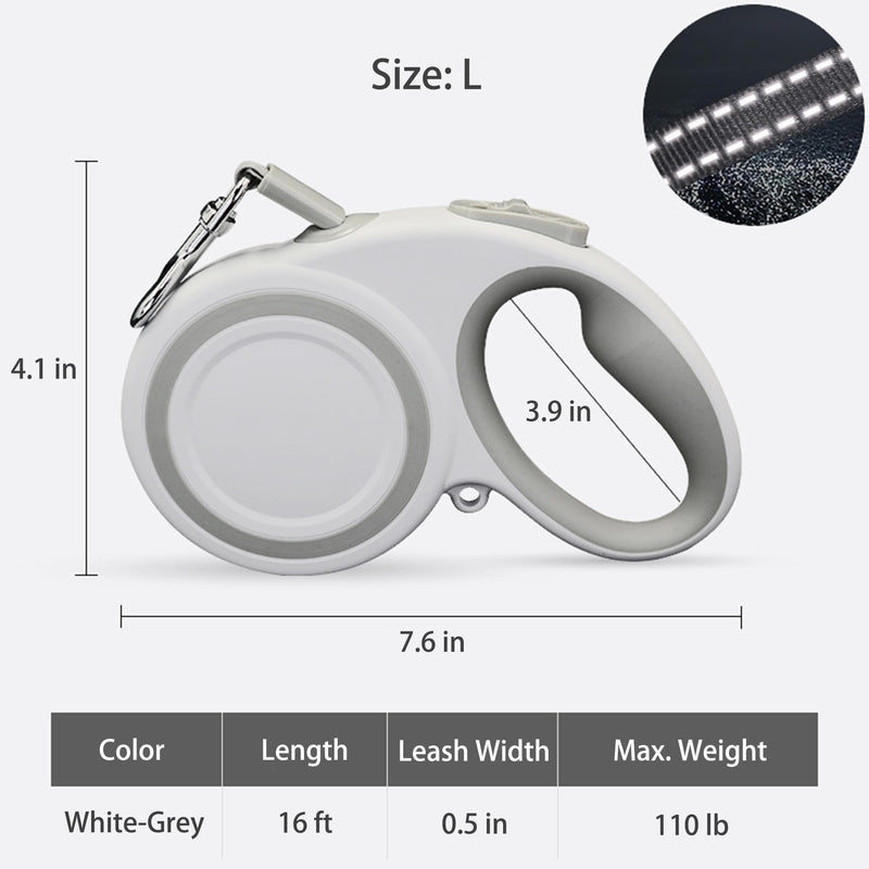 Retractable Dog Leash, Heavy Duty Reflective Nylon Tape Lead 16 ft Long, up to 110lbs, One-Handed Brake, Lock, Automatic Telescopic Dog Tape, Non-Slip Handle (White-Gray, Large) White-Gray - PawsPlanet Australia