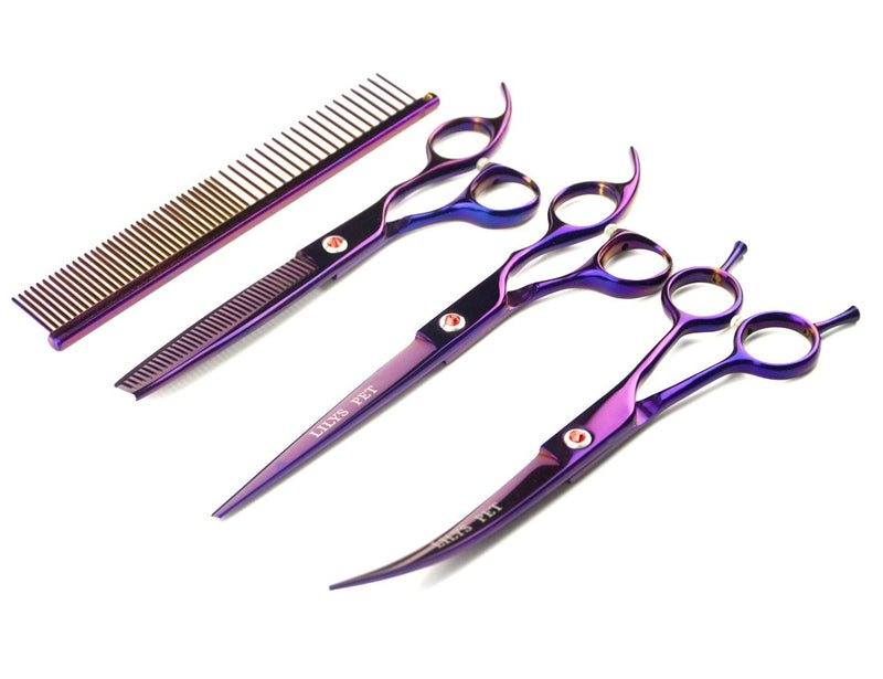 LILYS PET Professional PET Grooming Scissors Kit,Coated Titanium,Sharp and Strong Stainless Steel Blade for Dogs Cats Hair Cutting,3 Pieces of Scissors with a Comb and a Case (7.5 inches, Purple) 7.5 inches - PawsPlanet Australia