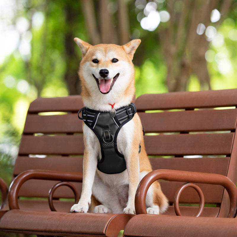 PoyPet 2019 Upgraded No Pull Dog Harness with 4 Snap Buckles, Reflective with Front & Back 2 Leash Hooks and an Easy Control Handle [NO Need Go Over Dog’s Head] Medium Black