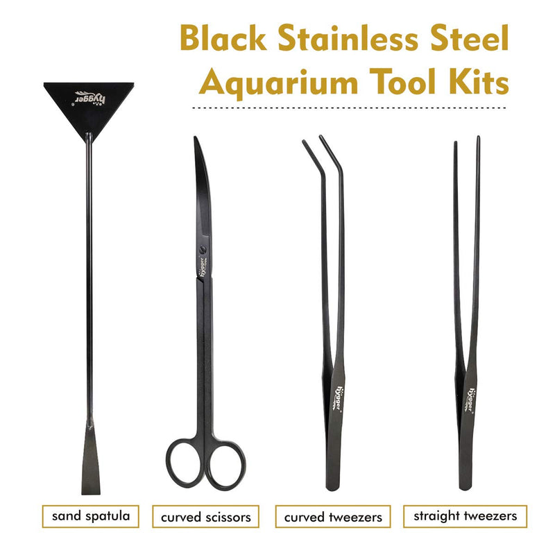 hygger Long Stainless Steel Premium Aquarium Tools, 4 PCS Aquatic Plant Tweezers Scissors Spatula Kits Comes with 1 Cleaning Cloth, for Fish Tank Starters Black - PawsPlanet Australia