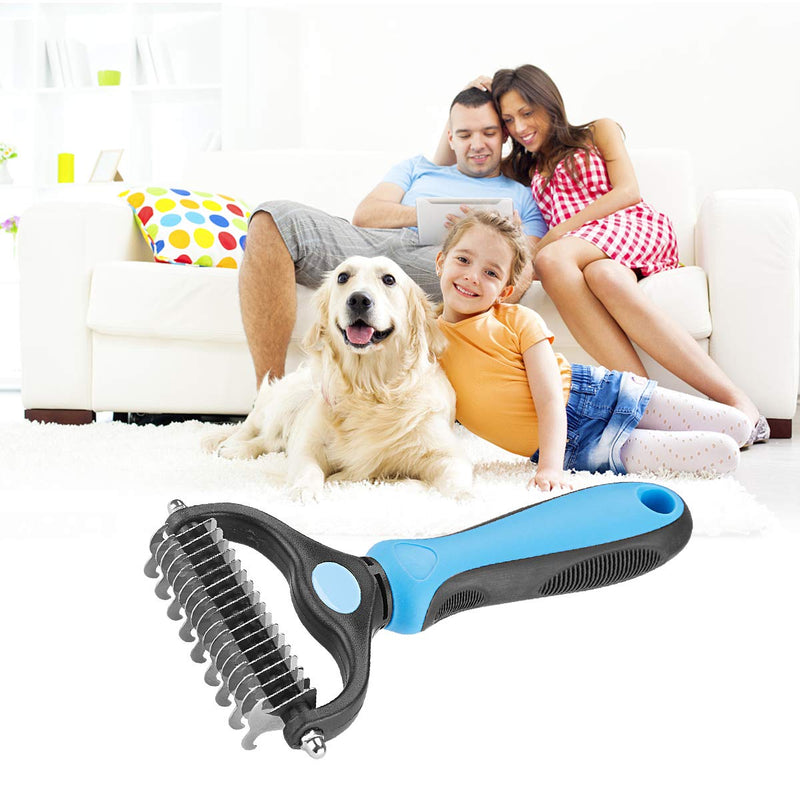 Pet Grooming Tool - 2 Sided Undercoat Rake for Cats and Dogs - Safe Dematting Comb for Easy Mats & Tangles Removing - No More Nasty Shedding and Flying Hair blue other - PawsPlanet Australia