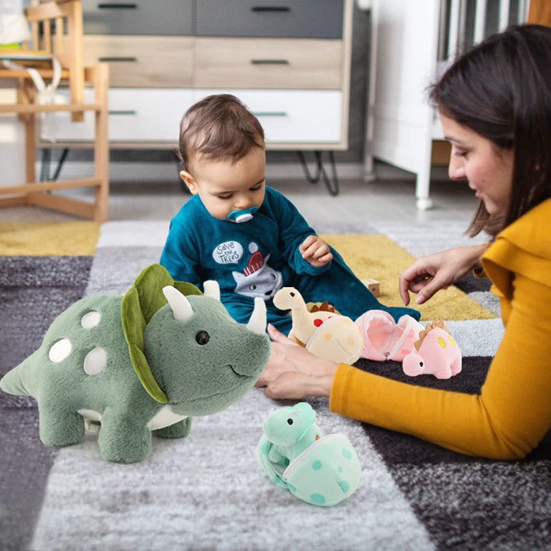 Karister 17.6in Plush Dinosaur Stuffed Animals,A Mommy Dinosaur with 3 Baby Dinosaurs,Triceratops, Tyrannosaurus Rex and Diplodocus. Triceratops - PawsPlanet Australia