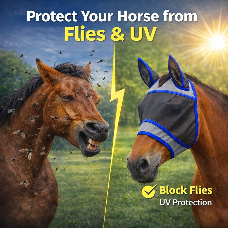 Horse Fly Mask with Ears for Riding & Grazing, Secure Fit in Wind, Breathable Soft Mesh, UV Protection, Large Eye Space for Comfort, Durable Design-L
