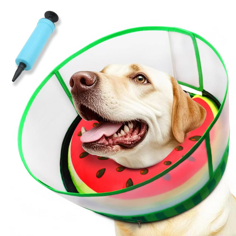 Upgraded Inflatable Dog Cone Collar with Transparent Anti-Licking Shield, Adjustable Elizabethan Collar for Medium Large Dogs, 2-in-1 Design with Detachable Shield and Soft Padding (M, Watermelon) M (Neck: 8-11")