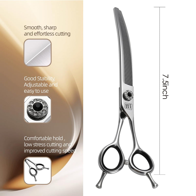 Dog Grooming Scissors: 7.5 inch Professional Pet Curved Thinning Shears Made Of Japanese 440C Advanced Stainless Steel for Dogs Cats and Other Pets - PawsPlanet Australia