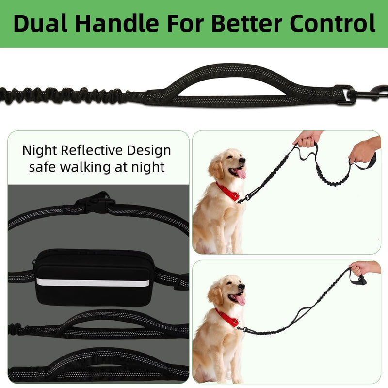 Philorn Hands Free Dog Leash with Pouch, Adjustable Waist Leash for Dog Walking, Running Leash for Medium Large dogs, Waist Dog Leash with Dual Handles and Durable Bungee for Jogging Hiking - Black