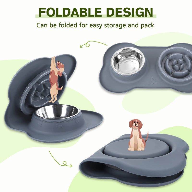 Pecute Slow Feeder Dog Bowls to Slow Down Eating, Dog Bowl Slow Feeder with No-Spill Non-Skid Silicone Mat, Food-Grade Safe Dog Food Bowls Slow Feeder, Stainless Steel Dog Water Bowl for Dogs Cats Medium-1¾ Cup/13.5 oz each Grey - PawsPlanet Australia