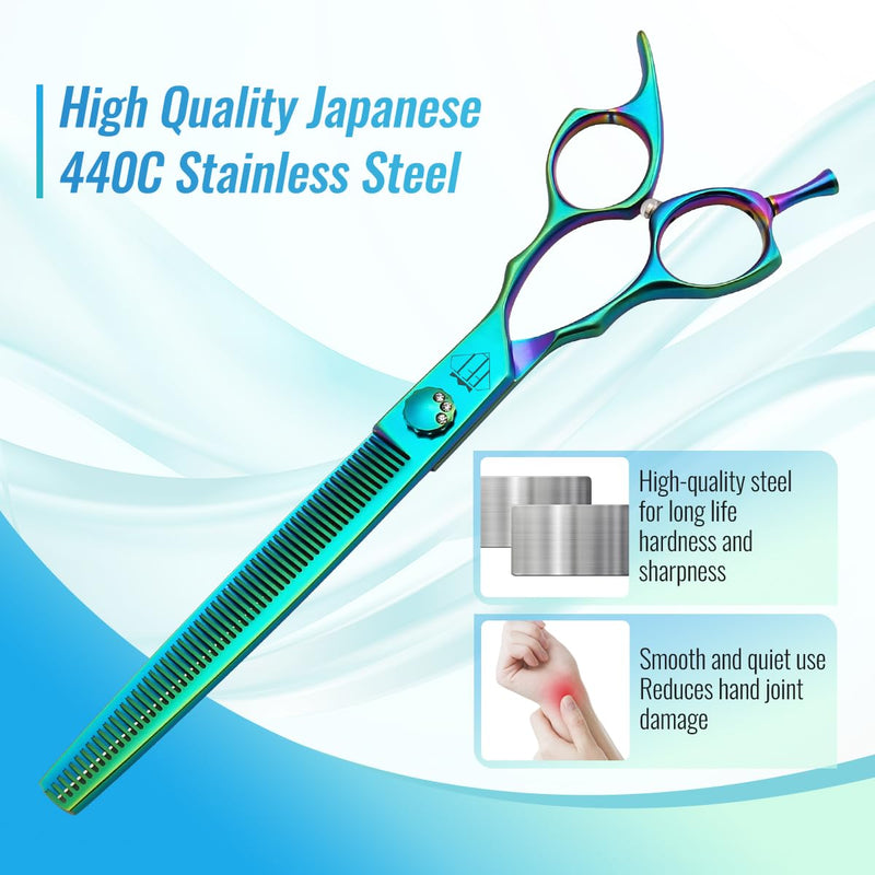 Dog Grooming Scissors: 7" Straight Pet Shears Skeletonized blade Made Of Japanese 440C for Trimming Dogs Cats and Other Pets Green (Thinning G, 7") Thinning G 7" - PawsPlanet Australia