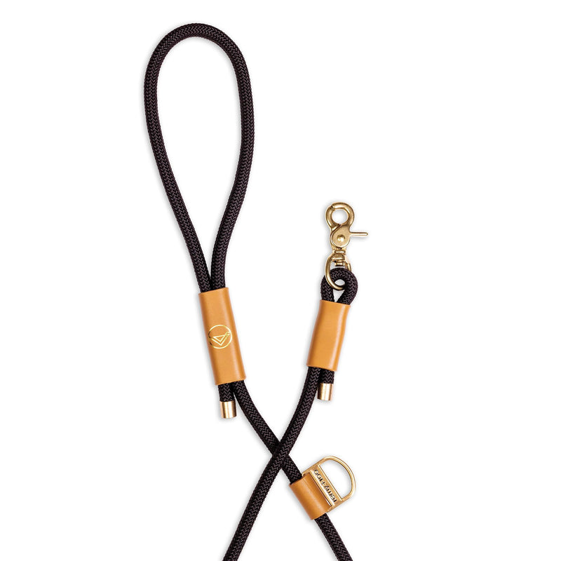 Remy+Roo Manhattan Black Heavy Duty Dog Leash - 5 ft, Custom Waste Bag Ring, Double Stitched Leather, Lobster Clasp, Brass Finish - Suitable for Large, Medium & Small Dogs - PawsPlanet Australia