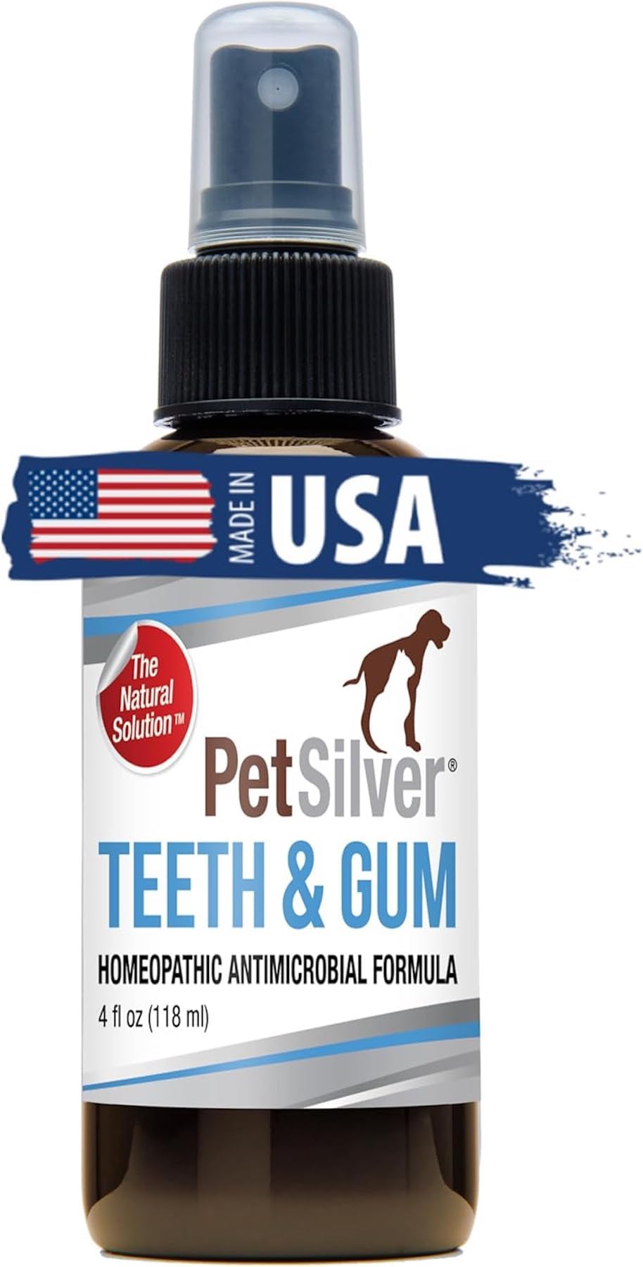 PetSilver Teeth & Gum Spray, Patented Chelated Silver, Natural Dog Breath Freshener, Cat and Dog Dental Cleaning without Brushing, Targets Tartar and Plaque, Dog Dental Spray, Made in USA, 4 oz. 1 Count (Pack of 1)