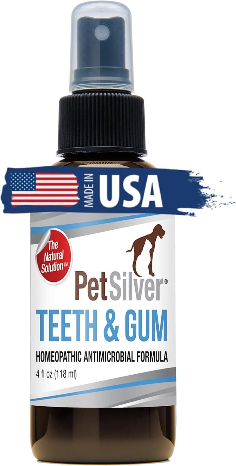 PetSilver Teeth & Gum Spray, Patented Chelated Silver, Natural Dog Breath Freshener, Cat and Dog Dental Cleaning without Brushing, Targets Tartar and Plaque, Dog Dental Spray, Made in USA, 4 oz. 1 Count (Pack of 1)