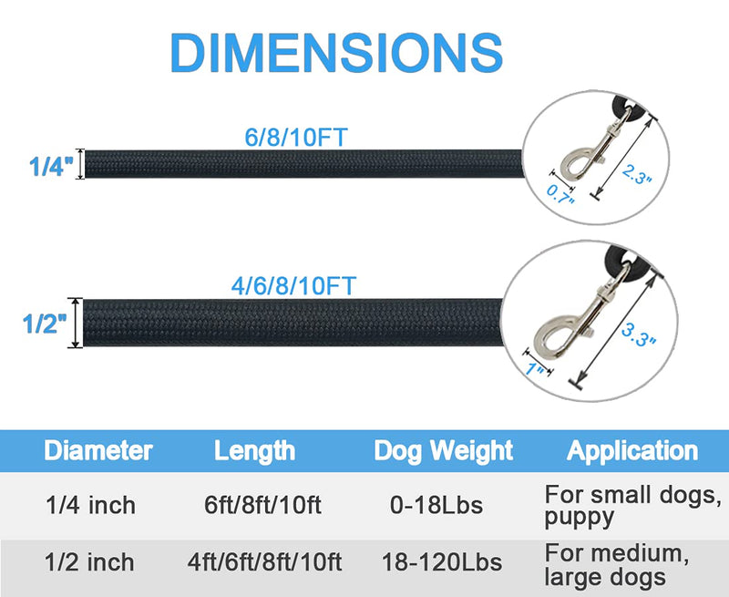 MayPaw 4FT/6FT/8FT/10FT Dog Leash, Classic Solid Colors, Strong Nylon Rope Dog Leash Reinforced with Leather Tailor Connection Heavy Duty Silver Clasp, 6 Foot Dog Leash Black 6ft*1/2" - PawsPlanet Australia