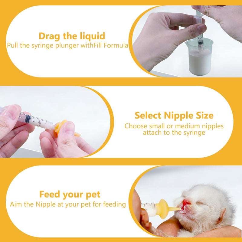 Kitten Nursing Nipple with Syringe, Wide Mouth Angled Puppy Feeding Bottles, with Ventilation Valve Resistant Tearing for Puppies, Kittens, Rabbit, Small Wildlife (S Nipple,Yellow) Model 1 Yellow - PawsPlanet Australia
