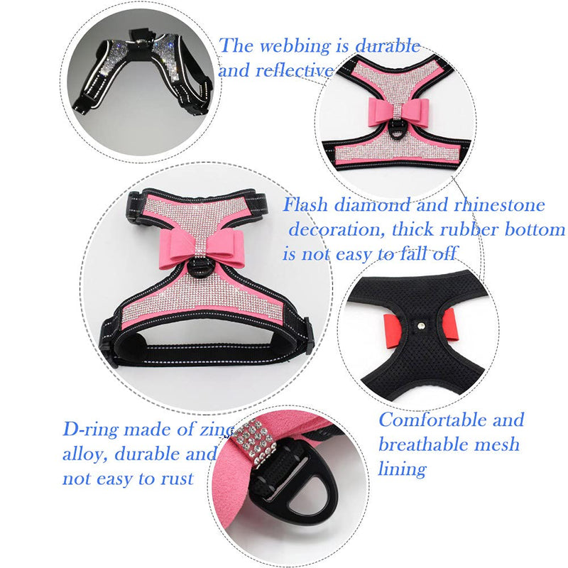 FUNAT Reflective Dog Harness with Rhinestone, Cute Bling Ties Pet Harness, Reflective Chest Strap with Shiny Bow L Pink