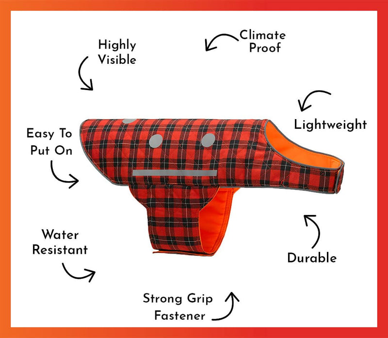 SPOT THE DOG! Reflective Adjustable Dog Vest, High Visibility Fluorescent Apparel for Walking, Hiking and Camping, Hunting, On or Off Leash (Blaze Orange, Red Plaid, XL) X-Large - PawsPlanet Australia