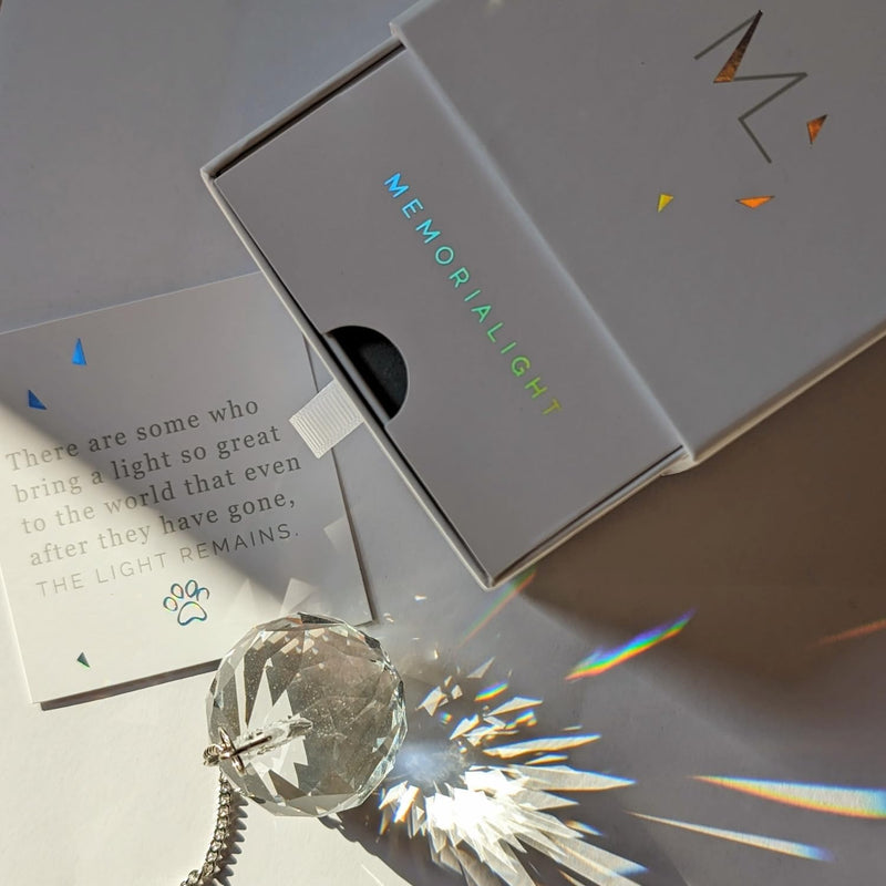 Pet Memorial Gift - Unique Sympathy Gift for Loss of Dog & Cat, Modern Bereavement Gift for Daily Remembrance, Pet Loss Gift, 40mm Crystal Ornament Rainbow Maker & Paw Print Keepsake Card - PawsPlanet Australia