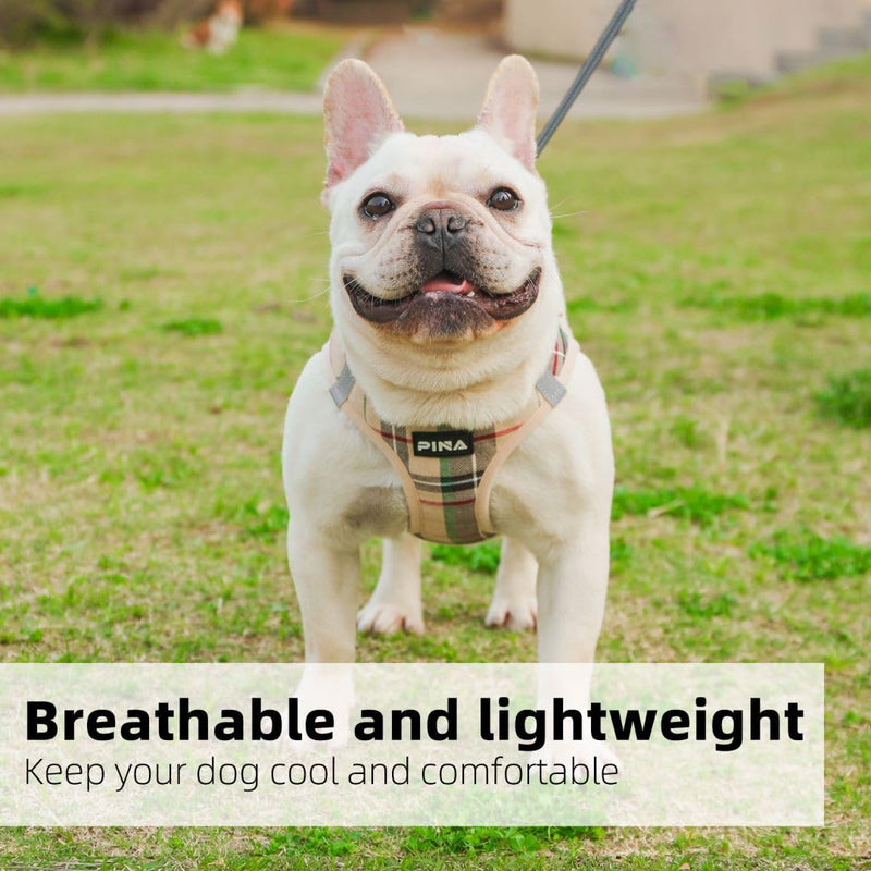 PINA No Pull Dog Harness and Leash Set - Breathable Mesh, Lightweight, Adjustable for Small to Medium Dogs - Easy On and Off M (Neck:13-16" , Chest:17-18") Khaki Plaid - PawsPlanet Australia