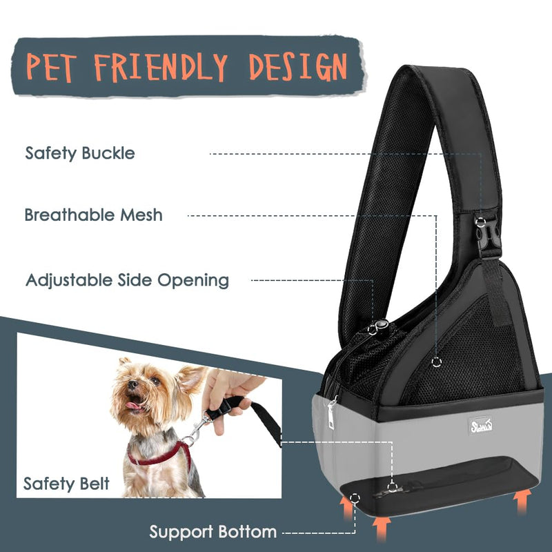 SlowTon Pet Dog Sling Carrier, Hands Free Hard Bottom Papoose Small Animal Puppy Up to 6 lbs Travel Bag Tote Breathable Mesh Support Adjustable Padded Strap Pocket Safety Belt(Widened Black) For Short Leg Pets under 6lbs - PawsPlanet Australia