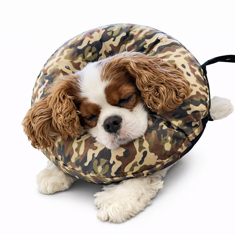 Comfy-K9 Camo Cone - Inflatable Dog Cone with Soft Camouflage Design, Adjustable Blow Up Donut, Machine Washable, Small Size Collar for Comfortable & Stylish Pet Recovery