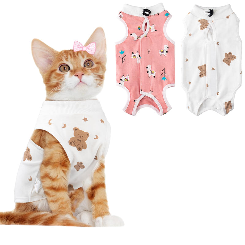 2 PCS Cat Recovery Suit Female Cat Onesie for Cats After Surgery Spay Abdominal Wounds, Kitten Surgery Recovery Suit Female Breathable E-Collar Alternative Kitten Onesie Anti Licking Medium Sheep+Bear