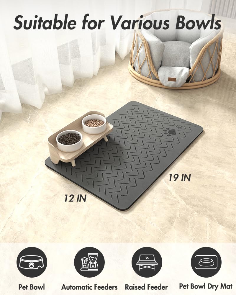MontVoo-Absorbent Pet Feeding Mat-No Stains Quick Dry Dog Mat for Food and Water Bowl-Rubber Backing Dog Food Mat Dog Water Dispenser Mat-Dog Accessories Pet Supplies-Dog Water Bowl for Messy Drinkers 12" x 19" Dark Grey - PawsPlanet Australia