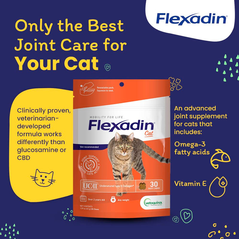 Vetoquinol Flexadin Cat Hip and Joint Support Chew with UC-II, Cat Joint Supplement, Clinically Proven and Veterinarian-Developed Formula for Hip and Joint Support Cats, 30 Count Bag