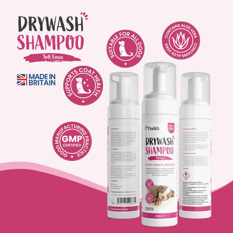 Pawbits Drywash Shampoo for Dogs - Puppy Friendly 3-in-1 Dry Shampoo to Clean, Condition & Detangle – No Water Required (Soft Linen - 200ml) Soft Linen - 200ML - PawsPlanet Australia