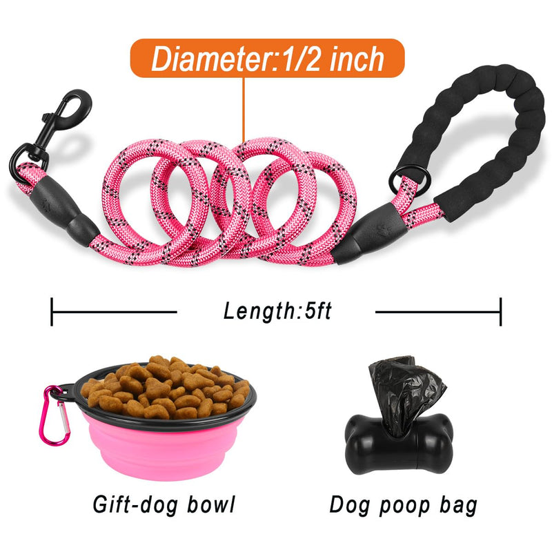 BARKBAY Dog Leashes for Large Dogs Heavy Duty Dog Leash 4/5/6 FT with Comfortable Padded Handle and Highly Reflective Threads for Medium Large Dogs Walking Training Running (5FT-1/2'',Pink) 5 Feet Pink