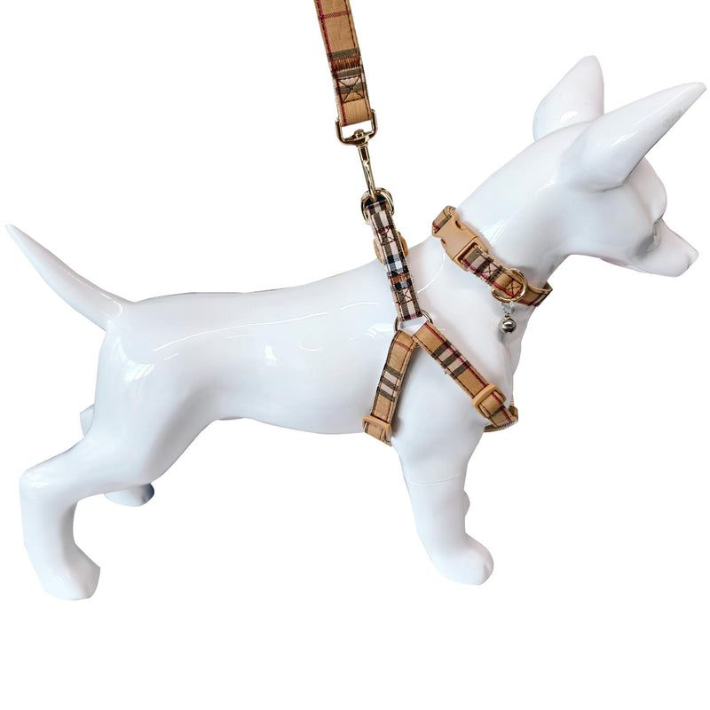 Cute Plaid Dog Collar Harness and Leash with Safety Buckle - Adjustable and No Pull Comfortable Dog Collars for Small Puppy, Stylish Durable Gift for Boy Girl Pets S beige-03 - PawsPlanet Australia