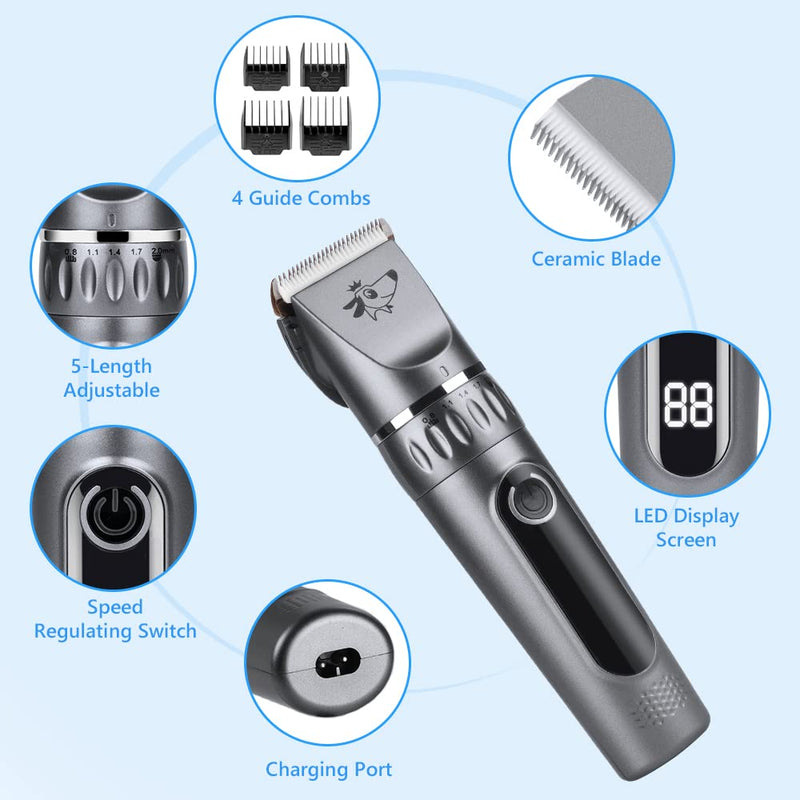 Dog Clippers, Professional Dog Grooming Clippers Kit, Low Noise Rechargeable Cordless Dogs Grooming Clipper, Electric Pet Clipper Hair Trimmer for Dogs, Cats and Other Animals, Silver