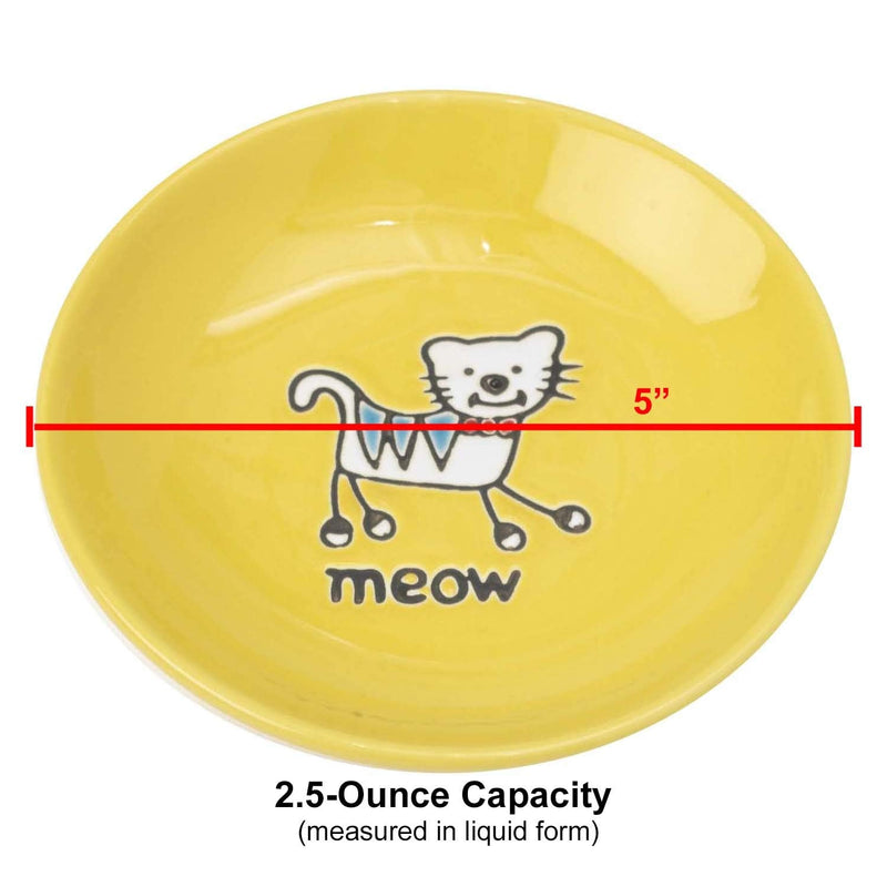 PetRageous 11019 Silly Kitty Dishwasher and Microwave Stoneware Cat Saucer 5-Inch Diameter 2.5-Ounce Capacity for Wet or Dry Cat Food Great For All Cats, Yellow