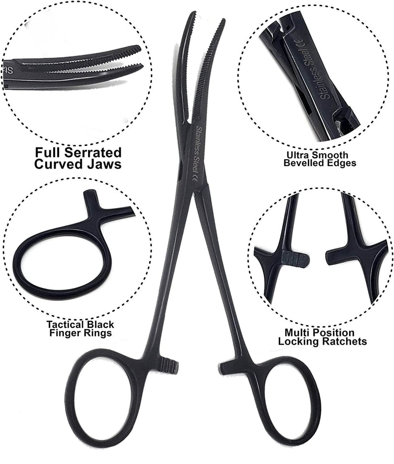 Dog Pet Ear/Nose Hair Puller Grooming Hemostat Locking Forceps Curved Pliers, 5.5" (14cm) Full Serrated Clamps Stainless Steel (All Black) All Black - PawsPlanet Australia