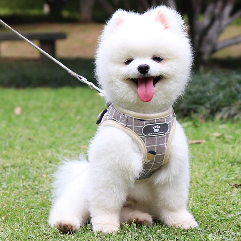 No Pull Small Dog Harness and Leash Set, Soft Mesh Plaid Puppy Harness, Adjustable & Comfortable Padded Reflective Vest for Small Dogs and Pet Kitten Walking(Khaki, S 11.8” – 13.3”) Khaki S 11.8” – 13.3” - PawsPlanet Australia