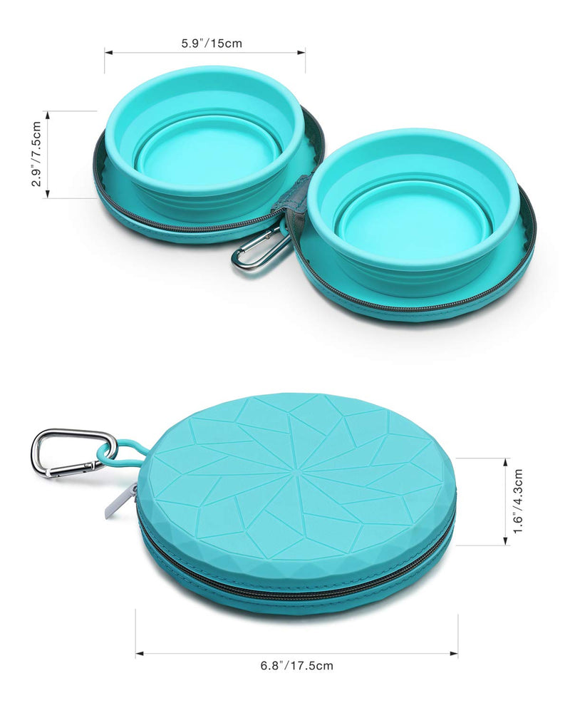 KALLAK Collapsible Silicone Twin Dog Bowls with Zipper Silicone Case, Foldable Travel Dog Bowls, Expandable Cup Dish, No Spill Non-Skid Silicone Pet Food and Water Feeder Bowl with Carabiner Clip - PawsPlanet Australia