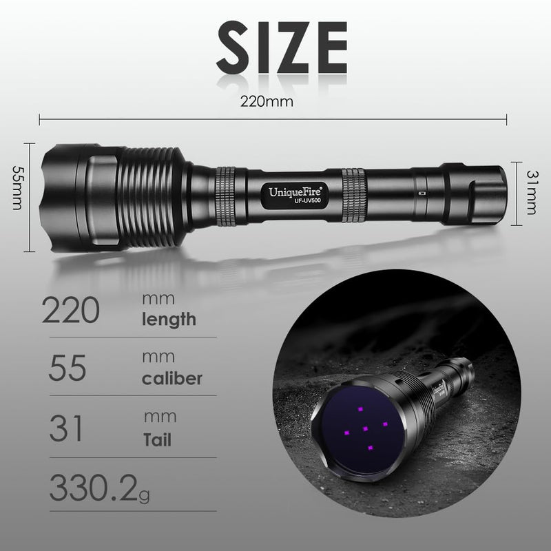 UniqueFire 365nm Black Light UV Flashlight with 5 LEDs Professional UV Light, 50W Powerful Blacklight Flashlight Rechargeable for Pet Urine Finding & Mineral, Antique Detection, Scorpion Search, etc - PawsPlanet Australia