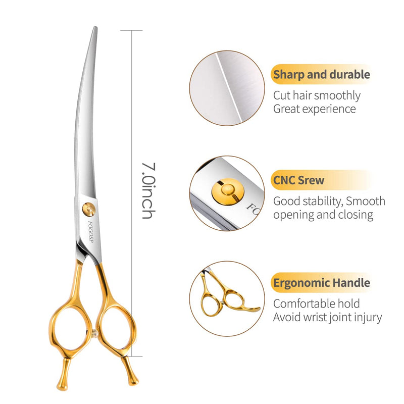 Curved Dog Grooming Scissors Professional 7" Grooming Shears for Dogs Pet Right Handed Groomer Japan 440C Stainless Steel (7 in Curved, Gold) 7 inch - PawsPlanet Australia