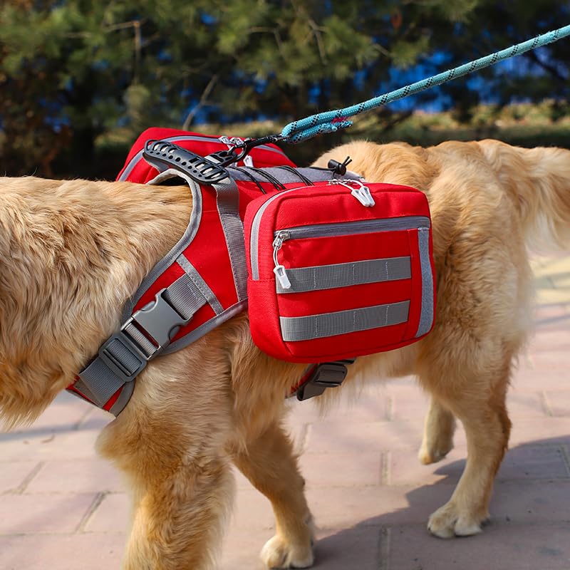 x Jumahe Dog Hiking Backpacks, for 85-125 lbs Large - Giant Dogs, Dog Hiking Back Pack, 5 Adjustable Buckles, Large Capacity 2 Spacious Side Bags, Breathable Waterproof Fabric (Red) Red Giant (Chest Girth 29"-38") - PawsPlanet Australia