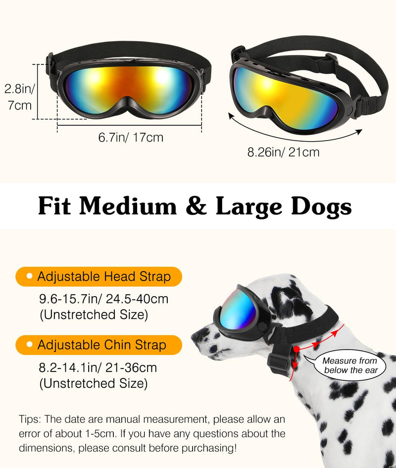 Dog Goggles Medium Large Breed, Dog Sunglasses with Adjustable Straps and Soft Sponge Pad, UV/Wind/Dust/Fog/Snow Dog Eye Protection Sunglasses for Outdoor Driving Riding, Black Black Frame-Colorful Lenses - PawsPlanet Australia